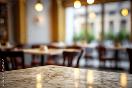 Marble table top and blurred restaurant interior background, used for display or montage products