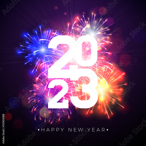 Happy New Year 2023 Illustration with Shiny Number on Fireworks Background. Vector Christmas Holiday Season Design for Flyer, Greeting Card, Banner, Celebration Poster, Party Invitation or Calendar.