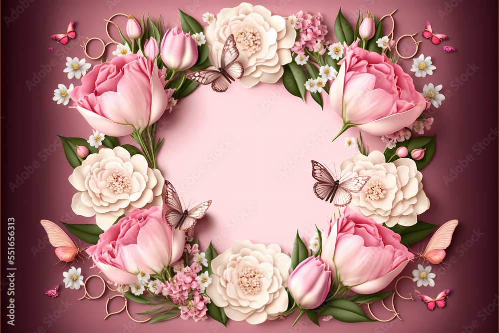 Wedding floral frame border with elegant rose flowers, tulips, pearls and butterflies on a pink background, Holiday pattern with flowers for wedding invitations, digital illustration art style Wedding floral frame border with elegant rose flowers, tulips, pearls and butterflies on a pink background, Holiday pattern with flowers for wedding invitations, digital illustration art style