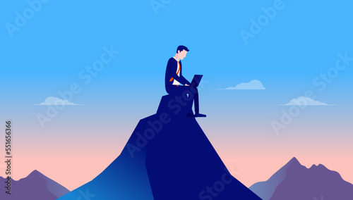 Prefer working alone - Man sitting on mountaintop doing solo remote work in solitude away from people. Vector illustration