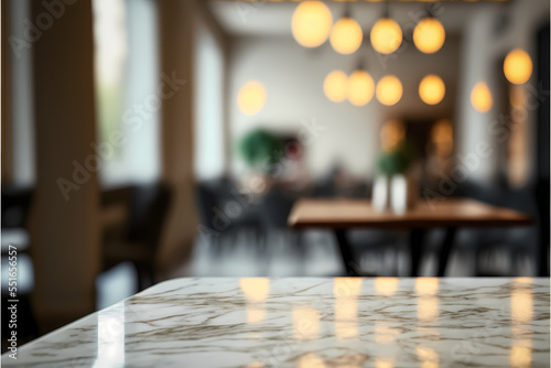 Marble table top and blurred restaurant interior background  used for display or montage products