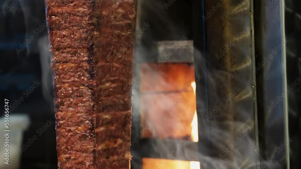 Meat doner cut close-up videos, cutting hanging doner. Turkish kebab ...