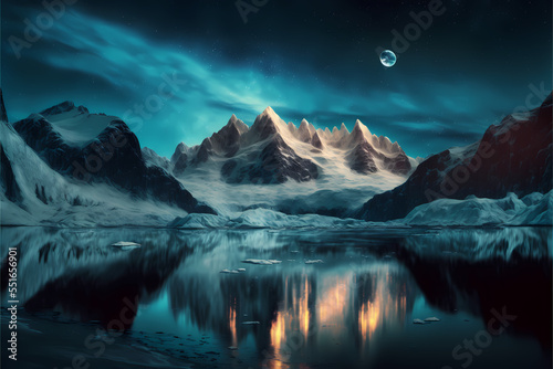 Northern lights view over icy mountains and snow, arctic lake in the middle, winter season, digital illustration © Luc.Pro