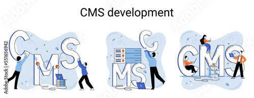 Digital content management system, CMS development software metaphor. Information system or computer program enable organize collaborative process of creating, editing and managing soft in network
