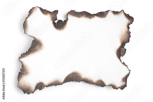 Piece of paper with dark burnt borders on white background, top view. Space for text