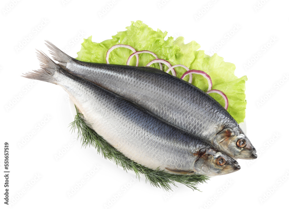 Plate with salted herrings, dill, onion rings and lettuce isolated on white, top view Plate with salted herrings, dill, onion rings and lettuce isolated on white, top view