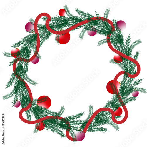 Сhristmaas wreath wiith red ribbon and red christmas toys