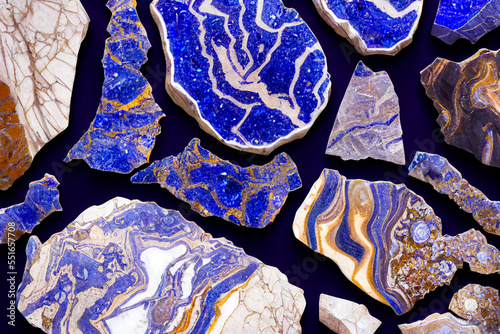 Ultramarine blue and gold Tanzanite marble abstract background. Decorative acrylic paint pouring rock marble texture. Horizontal Tanzanite stones geometric abstract pattern. photo