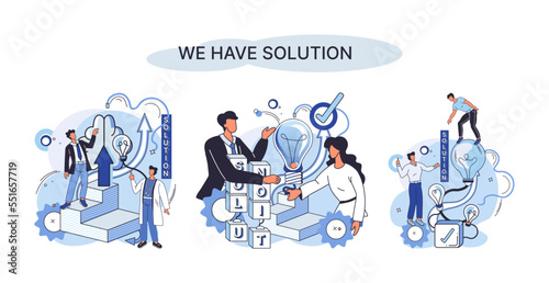 Reaching solution as result of work of business team. Startup employees. Goal thinking. Cooperation construction by agency create team. Creative successful management metaphor, decision and teamwork © Dmytro