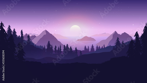 Night landscape vector illustration - Dark nature scene with full moon hanging low in background, with purple, lilac and black colours