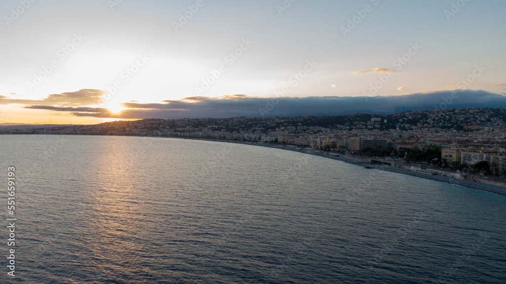 Nice, France Aerial view of coast of sea and city.  Buildings in old Town , Drone view 