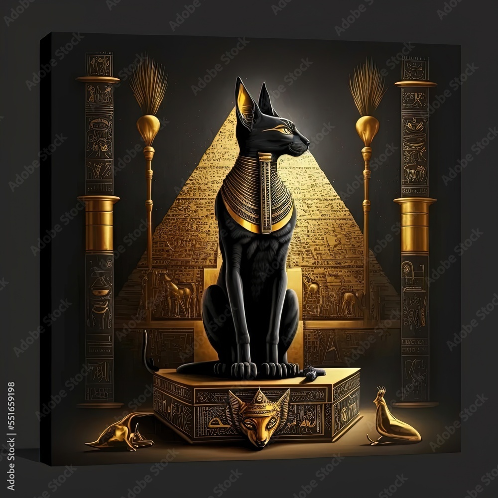 Ancient Egyptian black cat with golden ornaments. Statuette in black