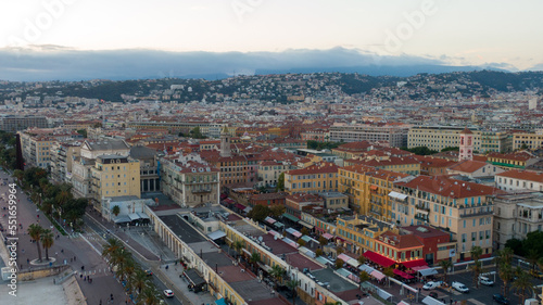 Nice, France Aerial view of coast of sea and city. Buildings in old Town , Drone view 