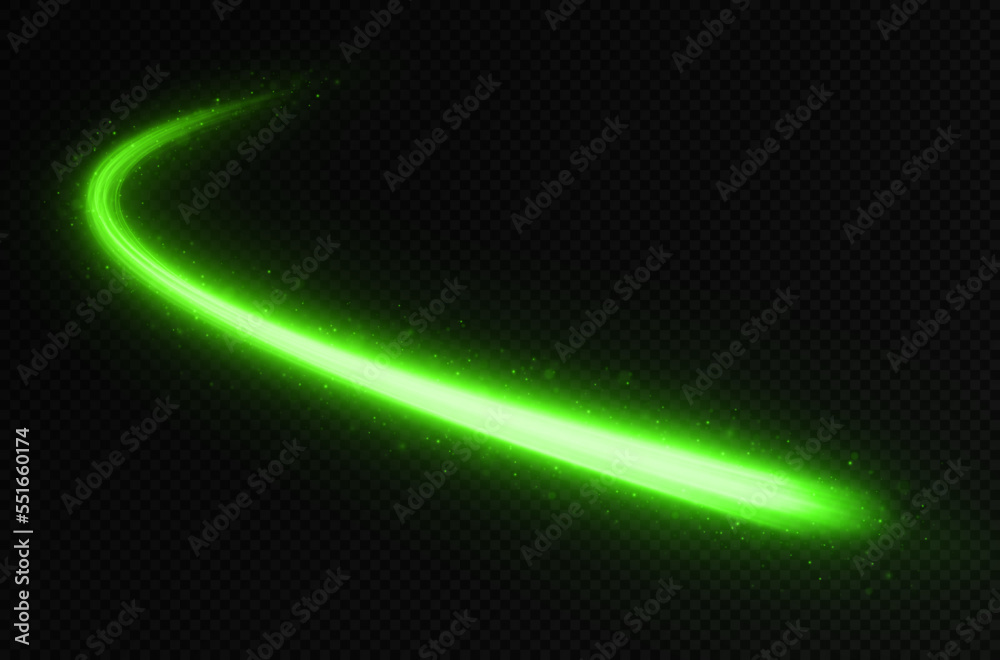 Neon shiny lines with light effect. Glittering dust light trail. Abstract magic motion lines. Shiny wave design element with sparkles and particles.