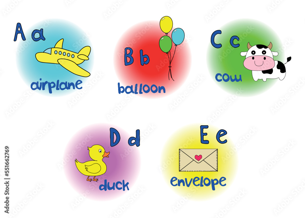 five letters of english alphabet with upper and lower case letters and example words with pictures; vector design for teachers, schools, lessons five letters of english alphabet with upper and lower case letters and example words with pictures; vector design for teachers, schools, lessons