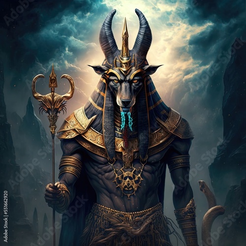 The ancient Egyptian god of death and the world of the dead, the terrible Anubis. Fantasy character of Egypt. AI photo