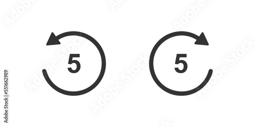 5 seconds rewind and fast forward icons. Round repeat and next buttons with circle arrows isolated on white background. Audio or video player playback elements. Vector graphic illustration