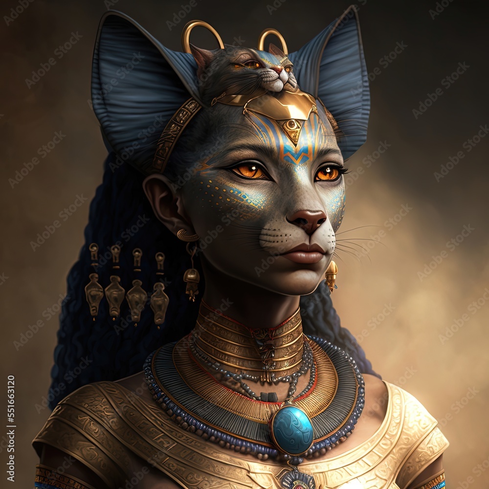 Ancient Egyptian goddess Bastet. Ancient Egyptian catwoman with gold jewelry. AI ilustração do