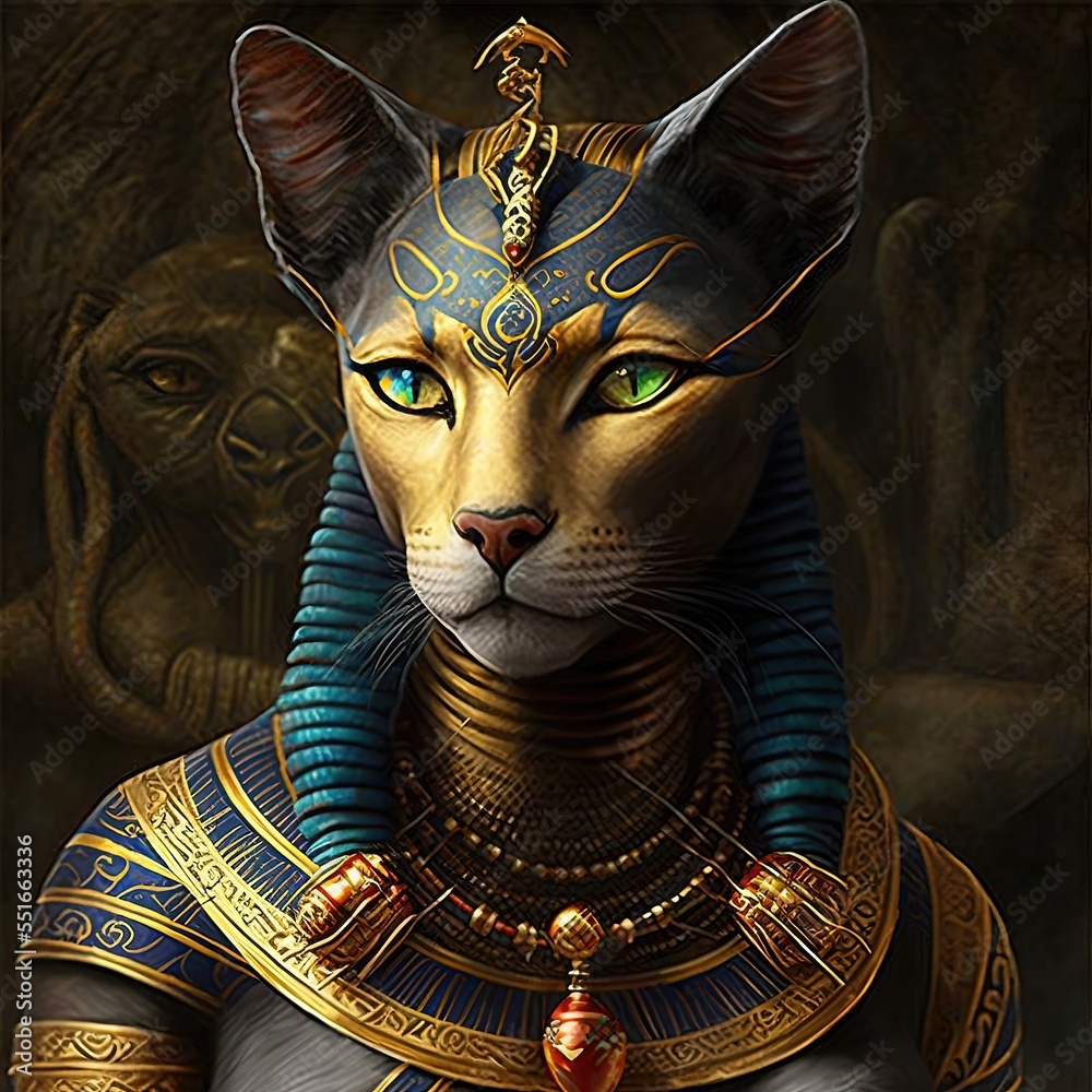Ancient Egyptian goddess Bastet. Ancient Egyptian catwoman with gold jewelry. AI Stock
