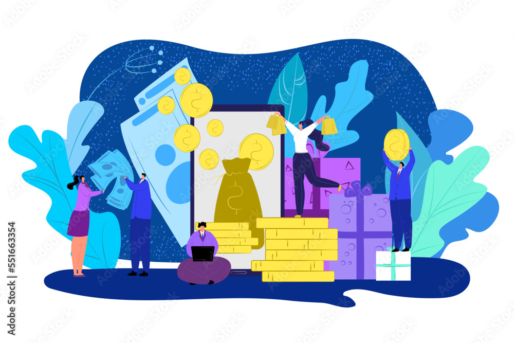 Fototapeta premium Cash back reward concept vector illustration. People with gold dollar coins in sky. Money rebate design. Commerce, finances and bank cashback.