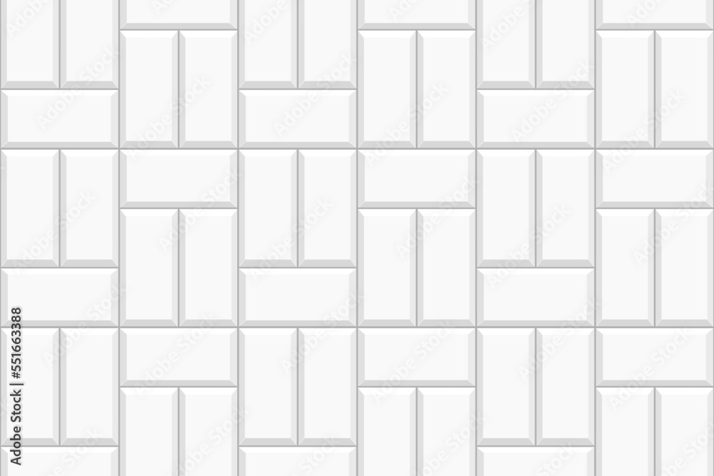 White basketweave tile texture. Stone or ceramic brick wall background. Kitchen backsplash seamless pattern. Shower or bathroom floor surface. Causeway mosaic layout. Vector flat illustration