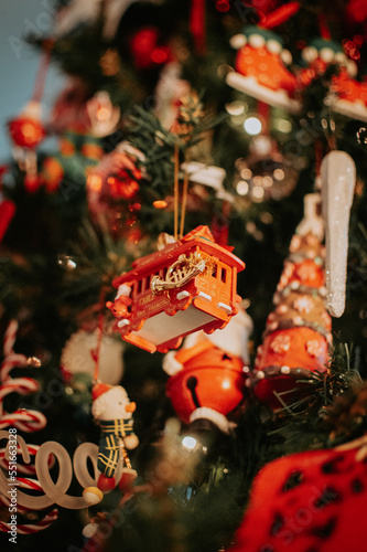Photography San Francisco  Cable car Christmas ornament on a tree's branch