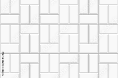 White basketweave tile texture. Stone or ceramic brick wall background. Kitchen backsplash seamless pattern. Shower or bathroom floor surface. Causeway mosaic layout. Vector flat illustration