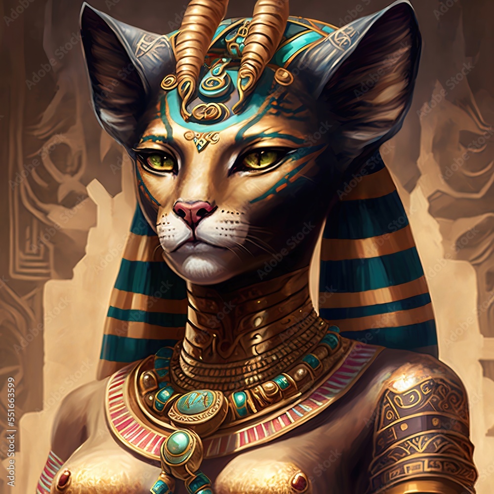 Ancient Egyptian goddess Bastet. Ancient Egyptian catwoman with gold  jewelry. AI Stock-illustration | Adobe Stock