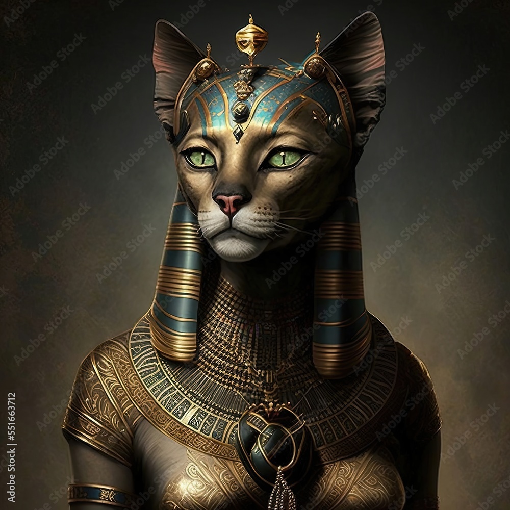 Ancient Egyptian goddess Bastet. Ancient Egyptian catwoman with gold jewelry. AI Stock