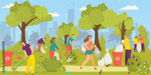Cleaning environment, team of volunteers picking up garbage, litter in park into trash bags, vector illustration. Social volunteering for nature.