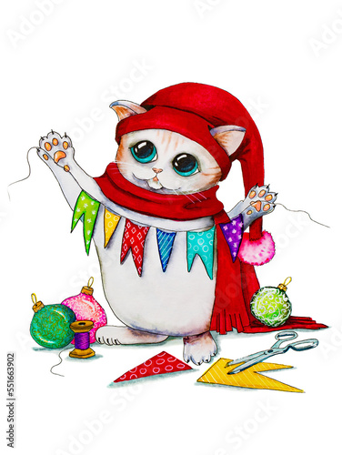 christmas and new year cat watercolor illustration