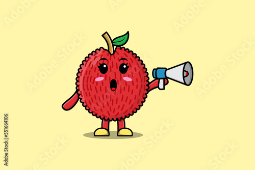 Cute Cartoon Lychee character speak with megaphone in 3d cartoon style concept