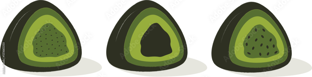 Set of japanece mochi. Green mochi - matcha, mint, kiwi. Flat vector. Asian food. Set of japanece mochi. Green mochi - matcha, mint, kiwi. Flat vector. Asian food.