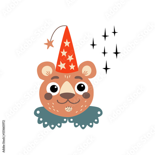 Bear in wizard cone hat. Cute illustration in cartoon style for kids items design.