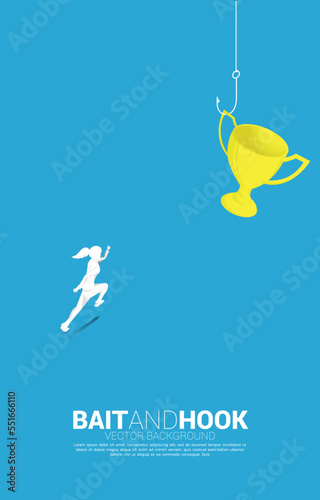 Silhouette of businesswoman running to fishing hook with trophy. Concept of bait and hook in business rewards..