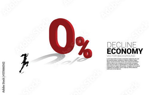 silhouette of businesswoman running to 3D 0% interest. Concept of decline economic and crisis bank policy.