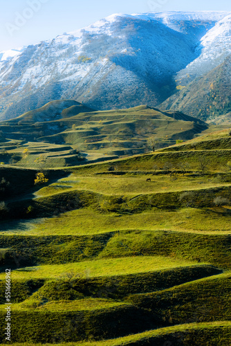Quadro su tela Panoramic view of the terraced fields of Dagestan, Russia