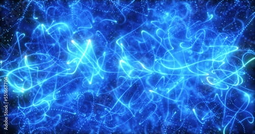 Futuristic abstract purple glowing waves from dots of particles shining magical neon energy lines from above and below on a black background. Abstract background