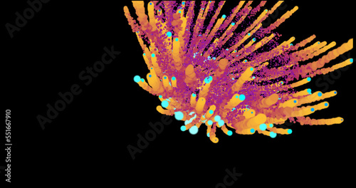 Abstract beautiful round spiral of particles with an explosion of bright multi-colored orange-blue smoke magical energy effect on a black background in high resolution