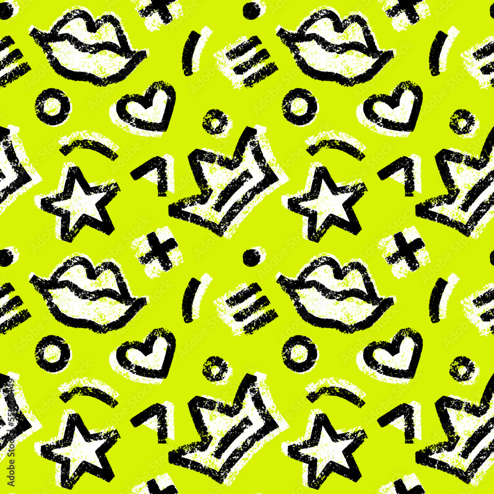 Obraz premium Vector seamless hand-drawn pattern with hearts, circles, stars, stripes, crowns and lips. Grunge shapes colorful backdrop. Bold bright background.