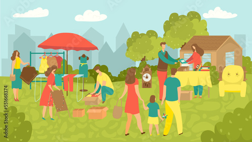 Garage street sale of junk stuff in yard vector illustration. People buy and sell housewares, clothing, sporting goods and toys. Old vintage objects.