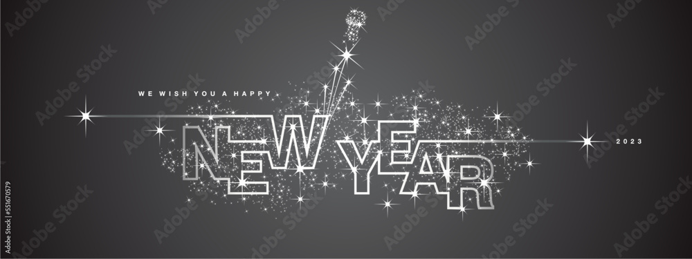 We wish you Happy New Year 2023 line design sparkler firework open champagne 2023 new year eve white black vector wallpaper greeting card