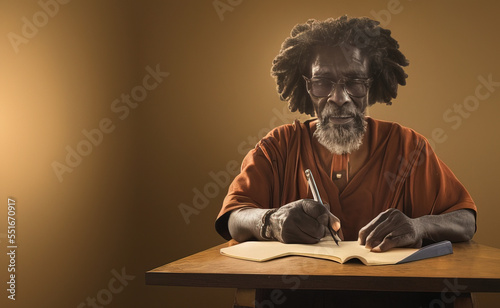 A perfect picture of a portrait of an old african descent person writing a poem - AI Generated © Fernando