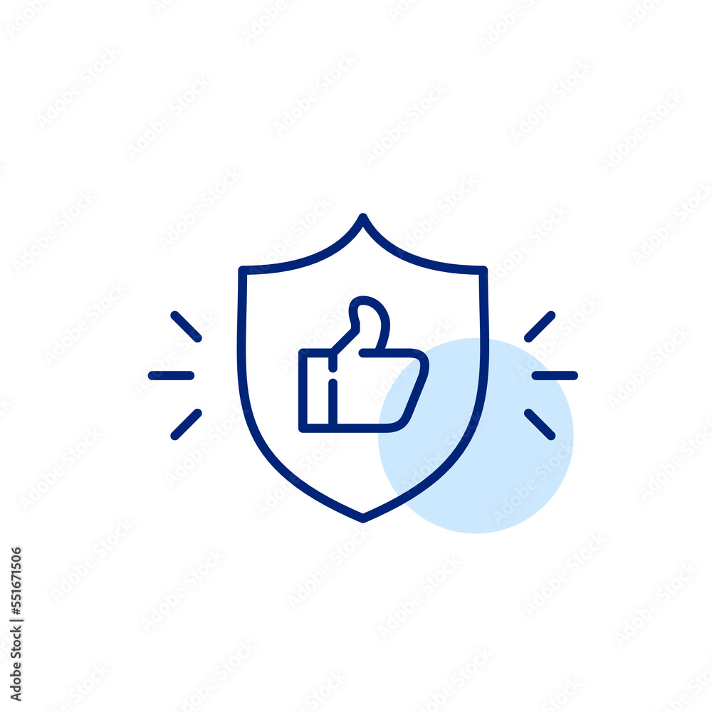 Customer approval symbol. Shiny shield with thumbs-up. Pixel perfect, editable stroke line Customer approval symbol. Shiny shield with thumbs-up. Pixel perfect, editable stroke line