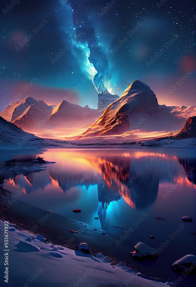 Abstract Winter Mountains with Milky Way Visible in Sky. Generative AI Abstract Winter Mountains with Milky Way Visible in Sky. Generative AI