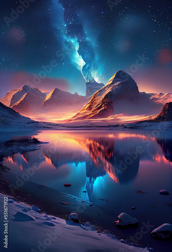 Abstract Winter Mountains with Milky Way Visible in Sky. Generative AI
