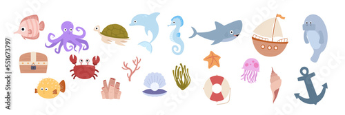 Sea animal world with fish, boat, octopus, turtle, dolphin, sea horse, shark, beluga, treasure box, crab, coral, seaweed, starfish, jellyfish, reef, shell, lifebuoy