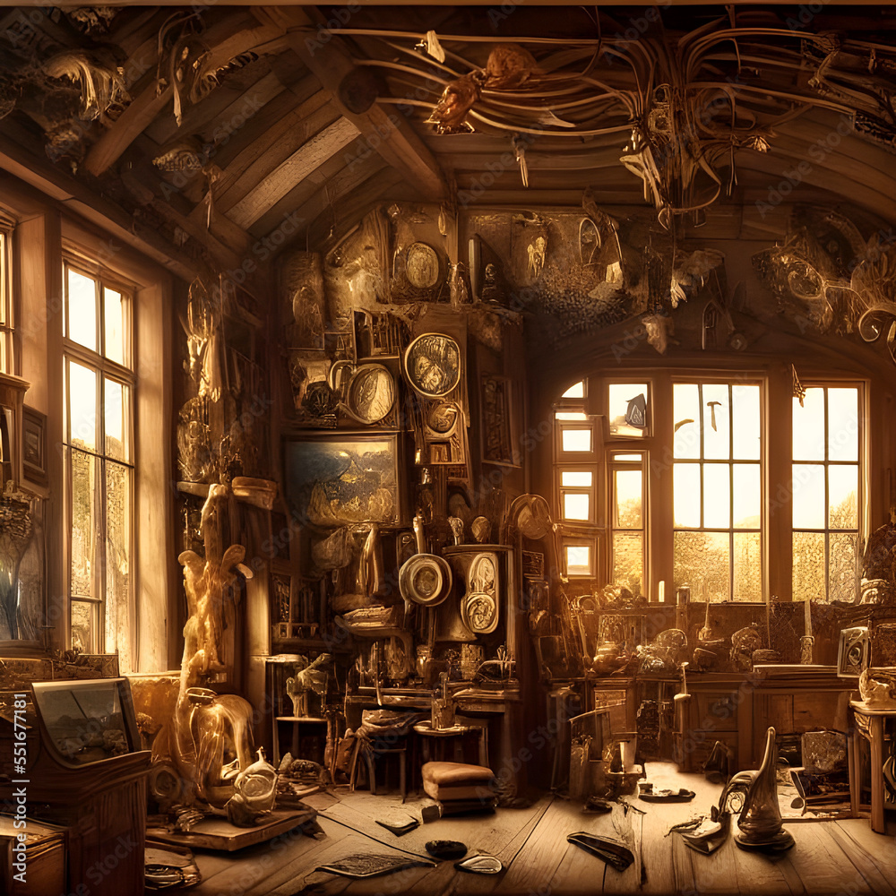 An ancient forgotten artists studio full of old paintings and mysterious objects. Philip Openshaw. Generative Ai illustration,