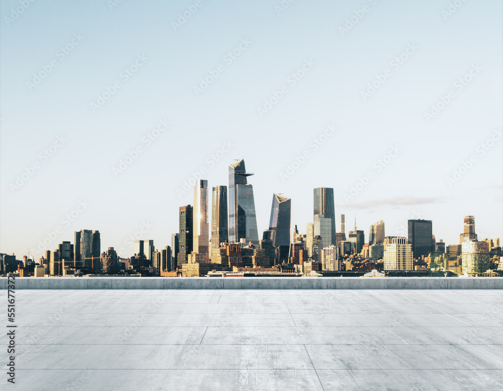 Empty concrete dirty rooftop on the background of a beautiful New York city skyline at morning, mockup