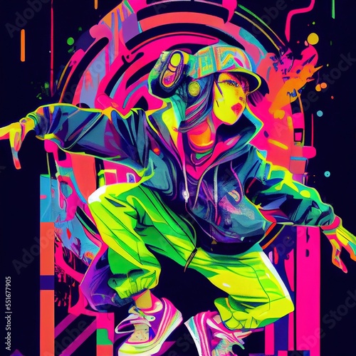 Stylish man dancing hip-hop in bright clothes. Image of a fashionable dancer in graffiti style. Youth culture, style and fashion, hip-hop. Generative AI.